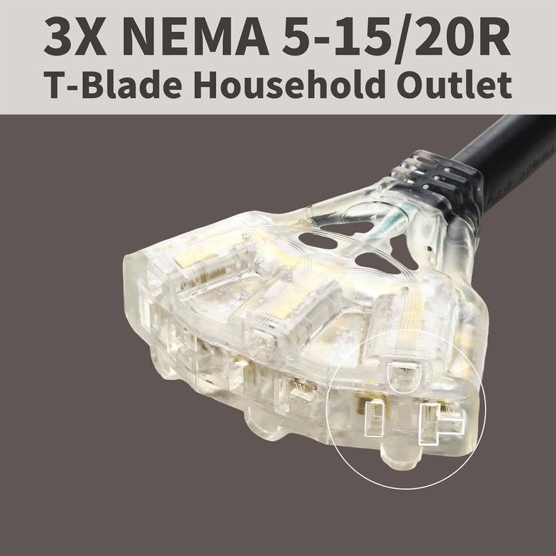 NVKABVY 30 Amp to 110 Adapter RV Cord, 30 Amp to 15 Amp / 20 Amp Adapter, L5-30P Male to 3X 5-15R/5-20R T-Blade Household Outlet Female with Lighted Power Indicator UL Listed (L5-30P to 3X5-15R/5-20R) - Image 3